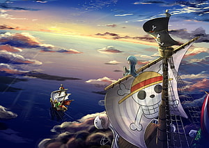 One Piece Thousand Sunny sailing through clouds at sunset with Going Merry in the distance HD wallpaper
