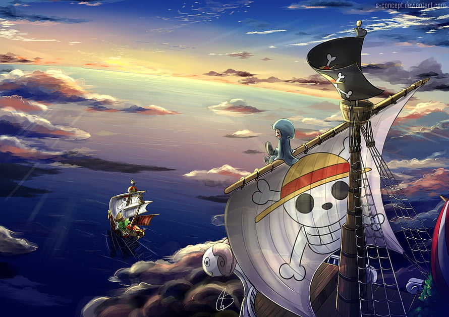 One Piece Thousand Sunny sailing through clouds at sunset with Going Merry in the distance HD wallpaper