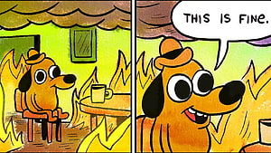 This Is Fine Dog Meme in Cartoon Style Sitting in a Burning Room HD wallpaper