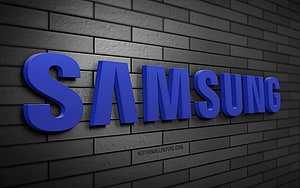 Samsung Logo 3D Blue Text on Dark Brick Wall Background HD wallpaper
