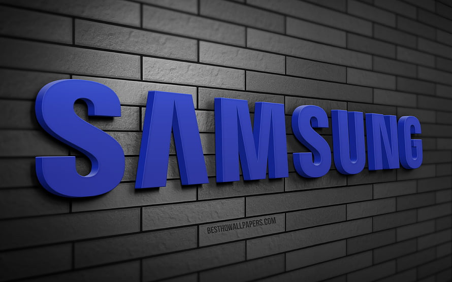 Samsung Logo 3D Blue Text on Dark Brick Wall Background HD wallpaper