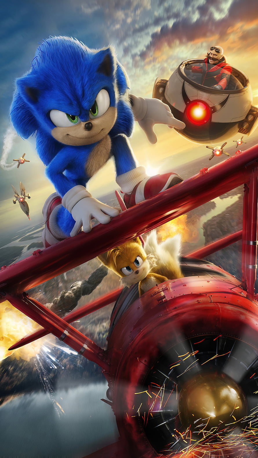 Sonic the Hedgehog and Tails in Action with Dr. Eggman in a Red Airplane, Sonic the Hedgehog 2, Dr Eggman, Tails HD phone wallpaper