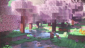 Minecraft Cherry Grove Biome with Deer and Stream HD wallpaper