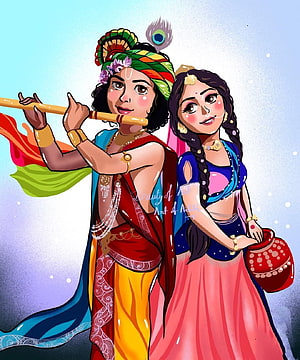 Radha Krishna digital illustration with flute and peacock feather in vibrant traditional attire HD phone wallpaper
