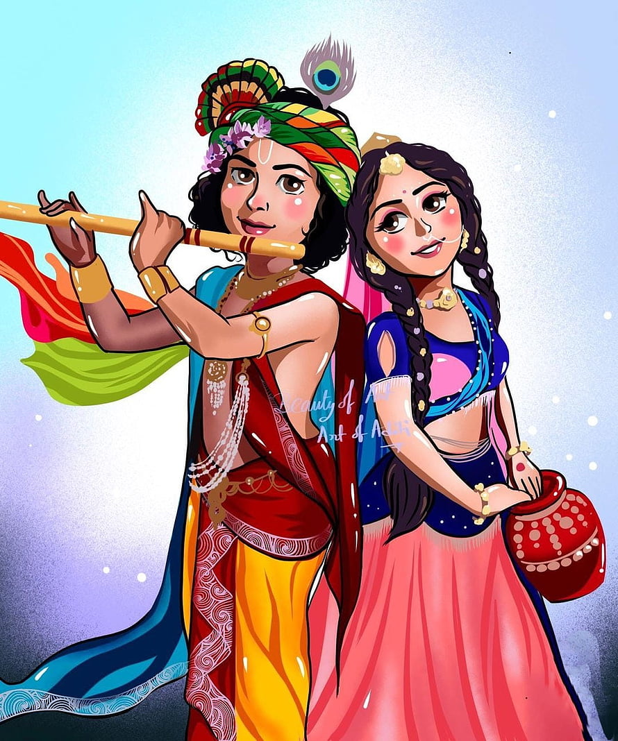 Radha Krishna digital illustration with flute and peacock feather in vibrant traditional attire HD phone wallpaper
