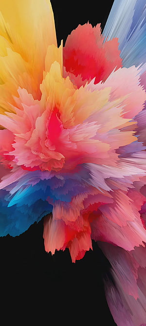 Vibrant Feathered Flower Abstract Art with Magenta and Blue Petals on Black Background HD phone wallpaper
