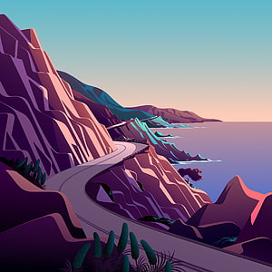 Stylized Vector Illustration of a Winding Coastal Highway Along Purple Cliffs at Sunset HD phone wallpaper