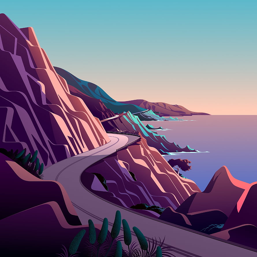 Stylized Vector Illustration of a Winding Coastal Highway Along Purple Cliffs at Sunset HD phone wallpaper