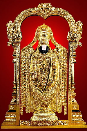 Ornate Gold Venkateswara Swamy Murti with Intricate Temple Arch on Red Background HD phone wallpaper