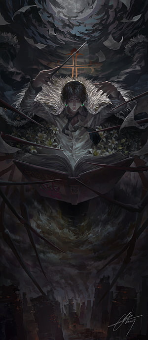 Chrollo Lucilfer from Hunter x Hunter in a dark fantasy illustration with a glowing cross and open book HD phone wallpaper