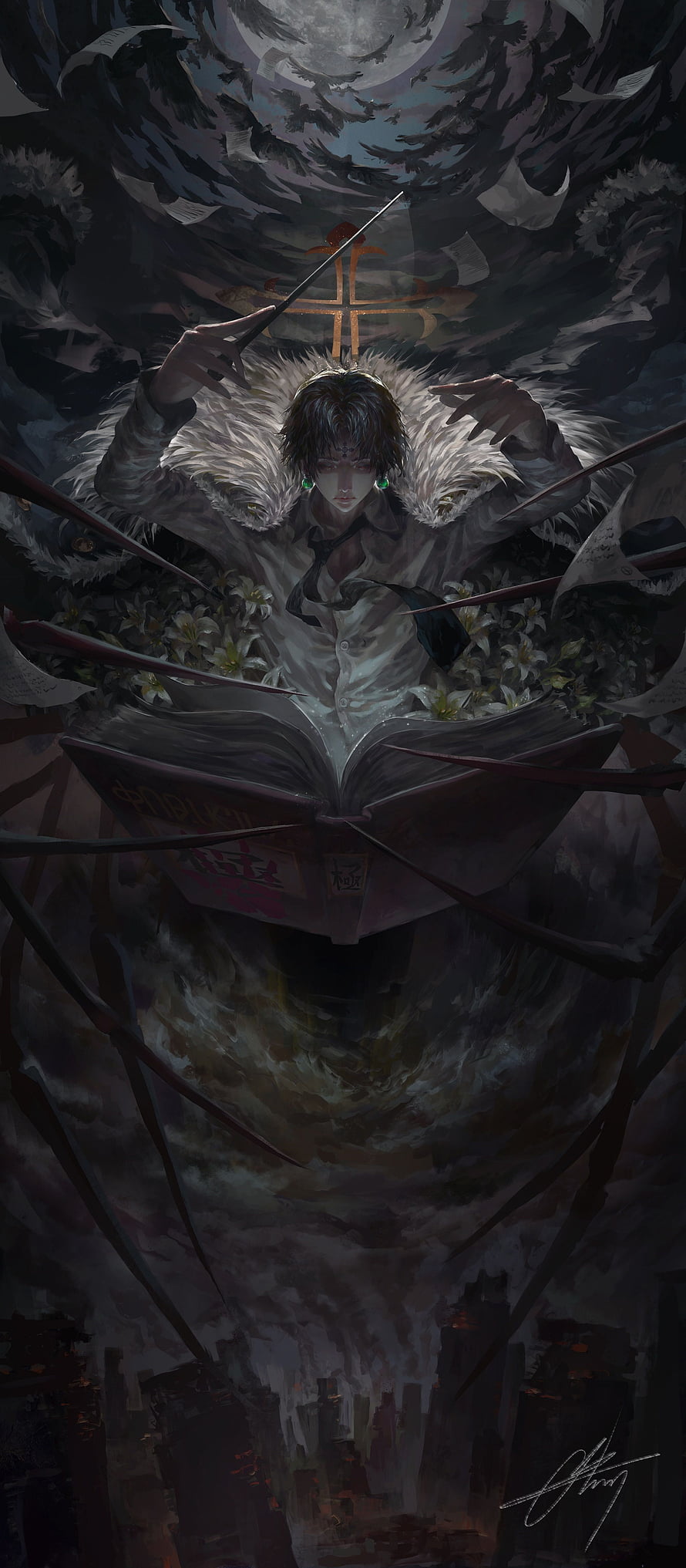 Chrollo Lucilfer from Hunter x Hunter in a dark fantasy illustration with a glowing cross and open book HD phone wallpaper