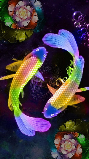 Vibrant Rainbow Koi Fish Swimming in Dark Water with Neon Flowers and Bubbles HD phone wallpaper