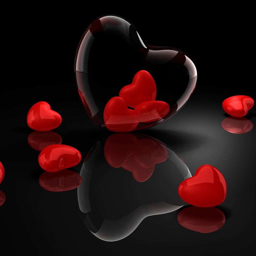 Glossy Red Hearts Inside Transparent Glass Heart on Black Reflective Surface HD phone wallpaper