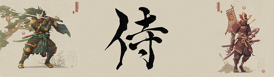 Traditional Japanese Samurai Warrior Concept Art with Calligraphy HD wallpaper