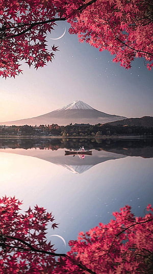 Mount Fuji Reflection in Lake with Autumn Maple Leaves and Crescent Moon HD phone wallpaper