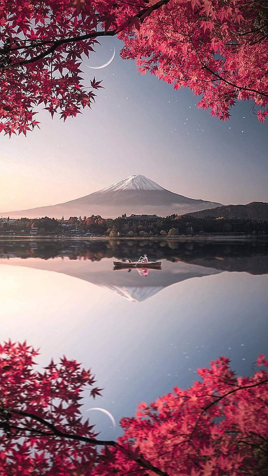 Mount Fuji Reflection in Lake with Autumn Maple Leaves and Crescent Moon HD phone wallpaper