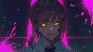 Anime Girl With Glowing Yellow Eyes And Pink Neon Background HD wallpaper
