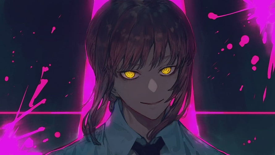 Anime Girl With Glowing Yellow Eyes And Pink Neon Background HD wallpaper