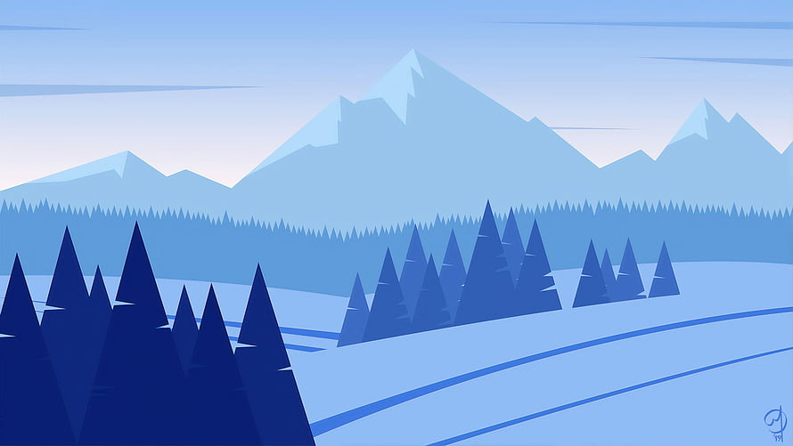 Minimalist Blue Winter Landscape with Snowy Mountains and Pine Forest HD wallpaper