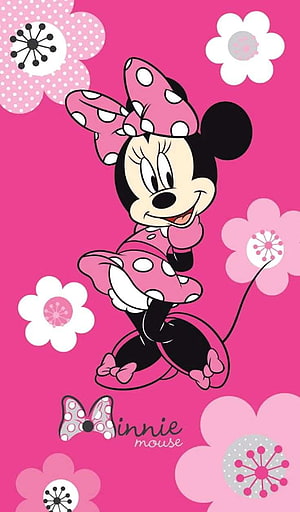Minnie Mouse in Pink Polka Dot Outfit with Floral Background HD phone wallpaper