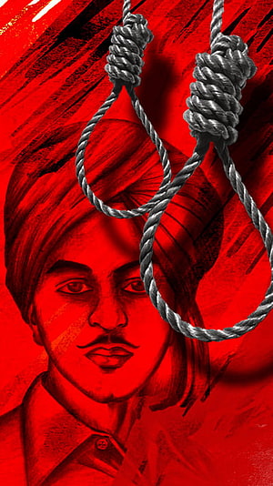 Bhagat Singh Portrait With Hanging Nooses On Red Background HD phone wallpaper