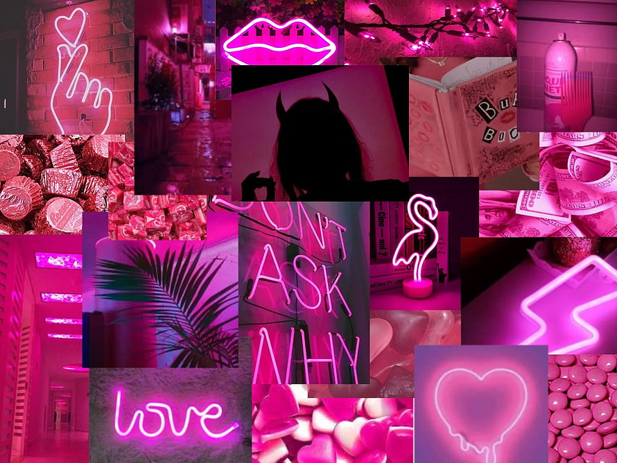 Pink Neon Aesthetic Collage with Retro Signs, Lips, and Heart Motifs HD wallpaper
