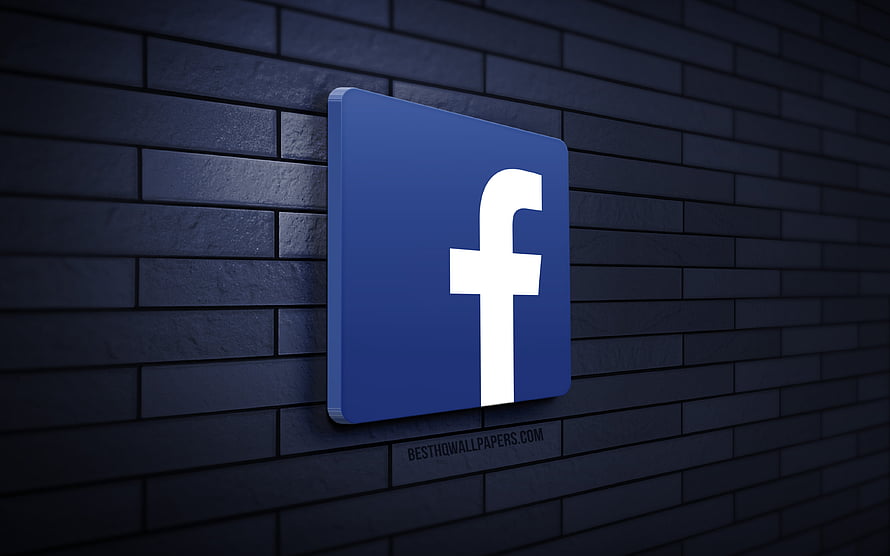 Facebook 3D Logo Mounted on Dark Blue Brick Wall HD wallpaper