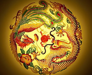 Traditional Chinese Dragon and Phoenix Artwork with Lotus Flower and Golden Background HD wallpaper