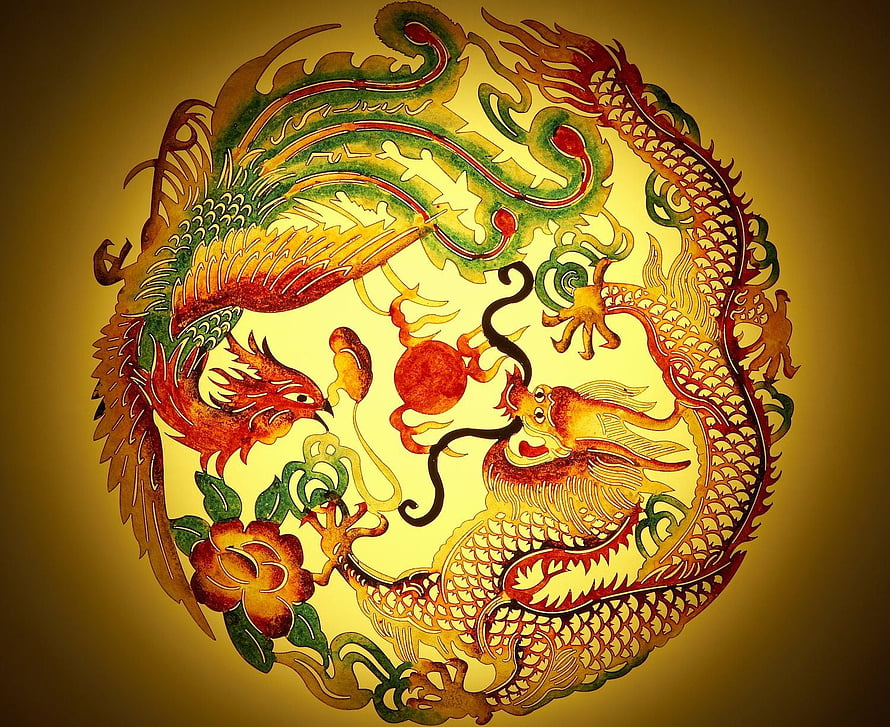 Traditional Chinese Dragon and Phoenix Artwork with Lotus Flower and Golden Background HD wallpaper