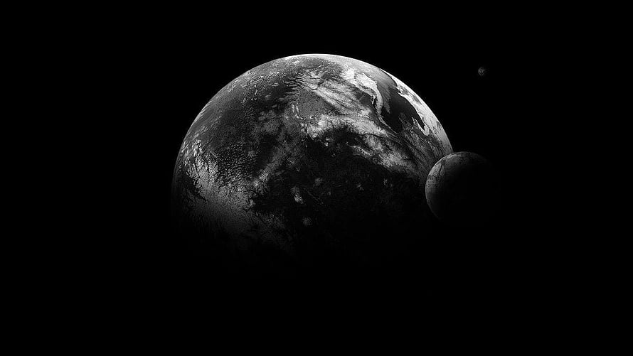 Monochrome Planet and Moon in Deep Space HD wallpaper