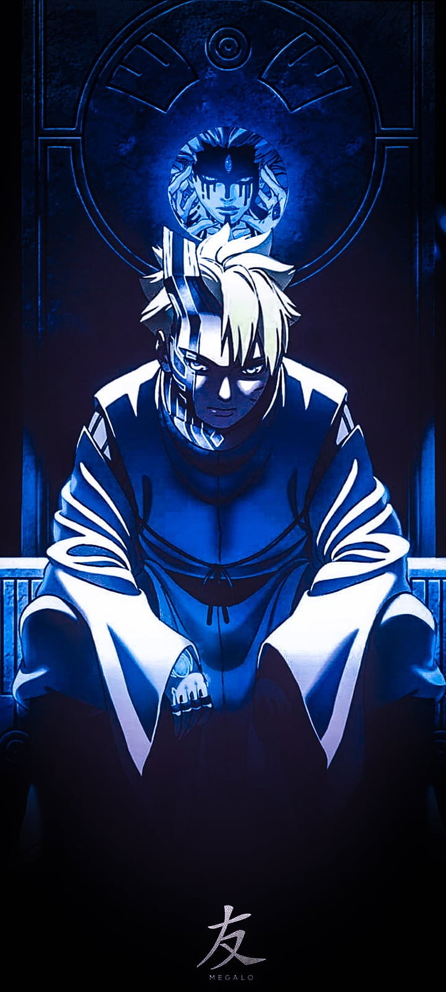 Blue-toned anime character portrait with glowing halo and intense expression HD phone wallpaper