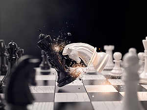 Dramatic Chess Knight Collision with Shattering Sparks on Marble Board HD wallpaper
