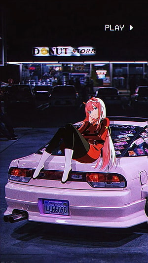 Zero Two from Darling in the Franxx sitting on a white Nissan Skyline GT-R R34 in a neon-lit city street at night HD phone wallpaper
