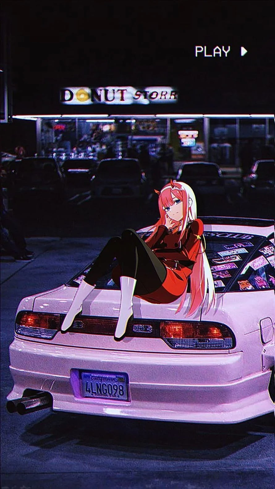 Zero Two from Darling in the Franxx sitting on a white Nissan Skyline GT-R R34 in a neon-lit city street at night HD phone wallpaper