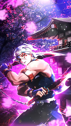 Uzui Tengen from Demon Slayer wielding katana beneath cherry blossoms and a Japanese shrine HD phone wallpaper