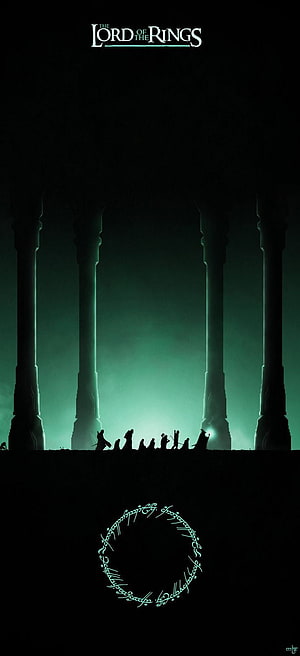 The Lord of the Rings Fellowship Silhouette in Dark Green Hall with Pillars and Elven Script HD phone wallpaper
