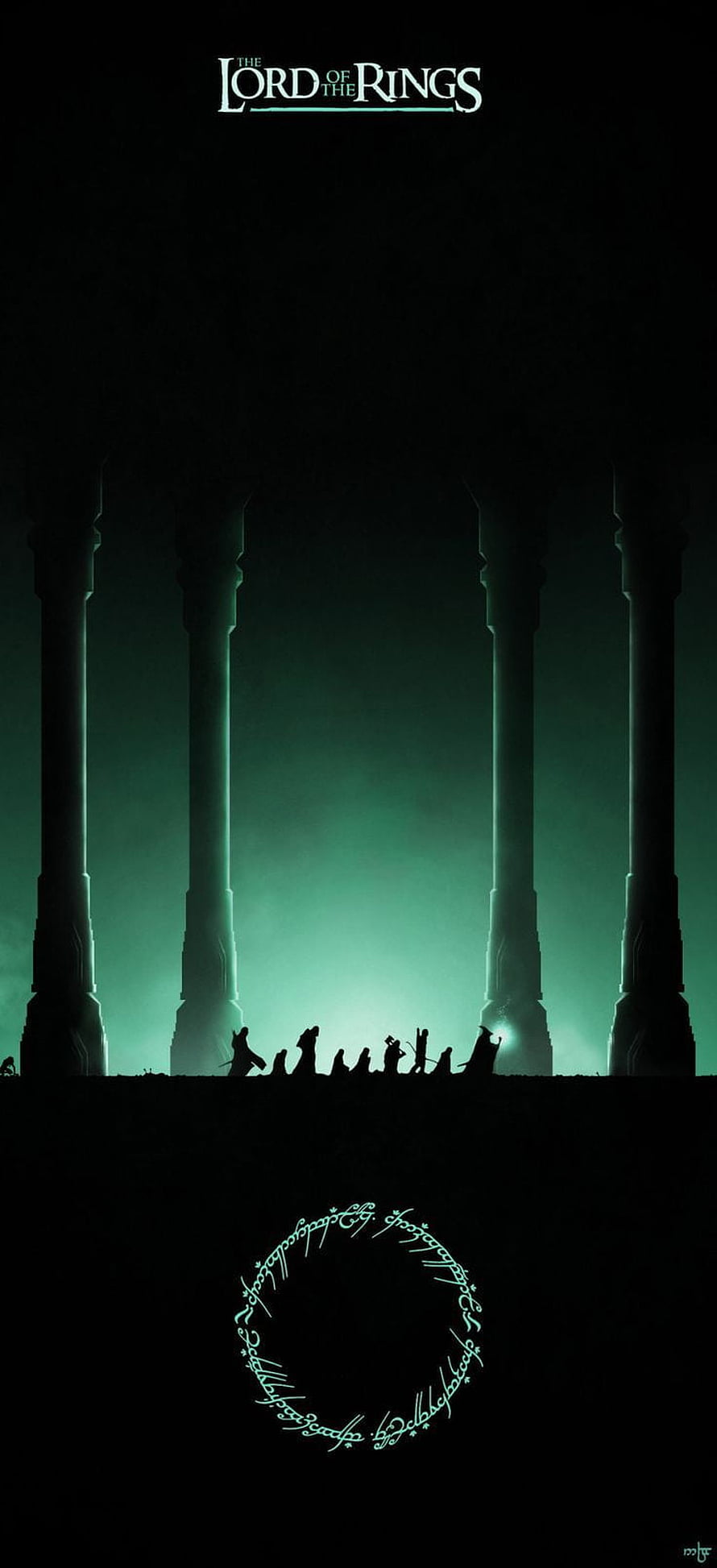 The Lord of the Rings Fellowship Silhouette in Dark Green Hall with Pillars and Elven Script HD phone wallpaper