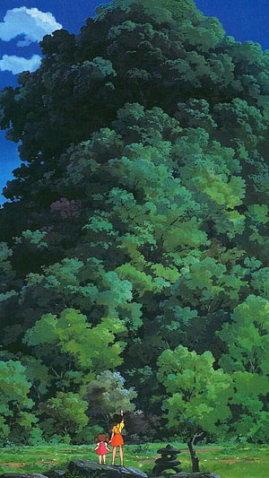 Studio Ghibli Animated Forest Scene With Two Girls Standing On A Rock HD phone wallpaper