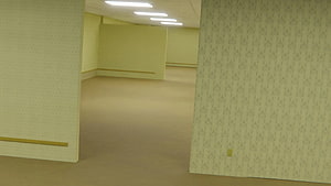 The Backrooms: Endless Yellow Office Corridor with Fluorescent Lighting and Patterned Walls HD wallpaper