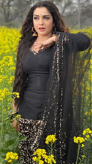 Amrapali Dubey in Black Sequined Outfit Standing in a Vibrant Yellow Flower Field HD phone wallpaper