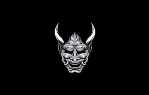 Monochrome Oni Demon Mask with Horns and Fangs on Black Background HD wallpaper