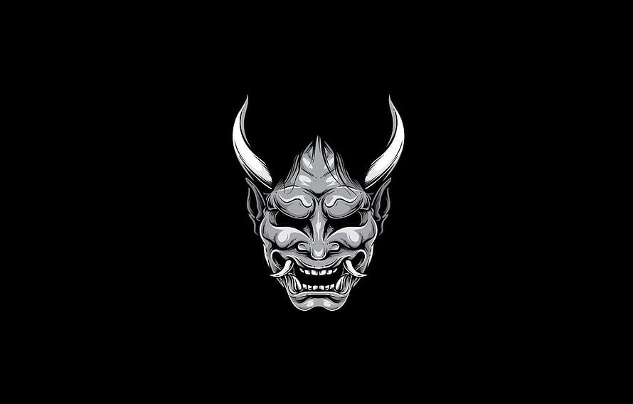 Monochrome Oni Demon Mask with Horns and Fangs on Black Background HD wallpaper