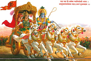 Arjuna and Krishna on the Divine Chariot in the Mahabharata Epic Battle Scene HD wallpaper