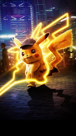 Detective Pikachu in a Neon-Lit Cyberpunk City with Electric Lightning Effects HD phone wallpaper