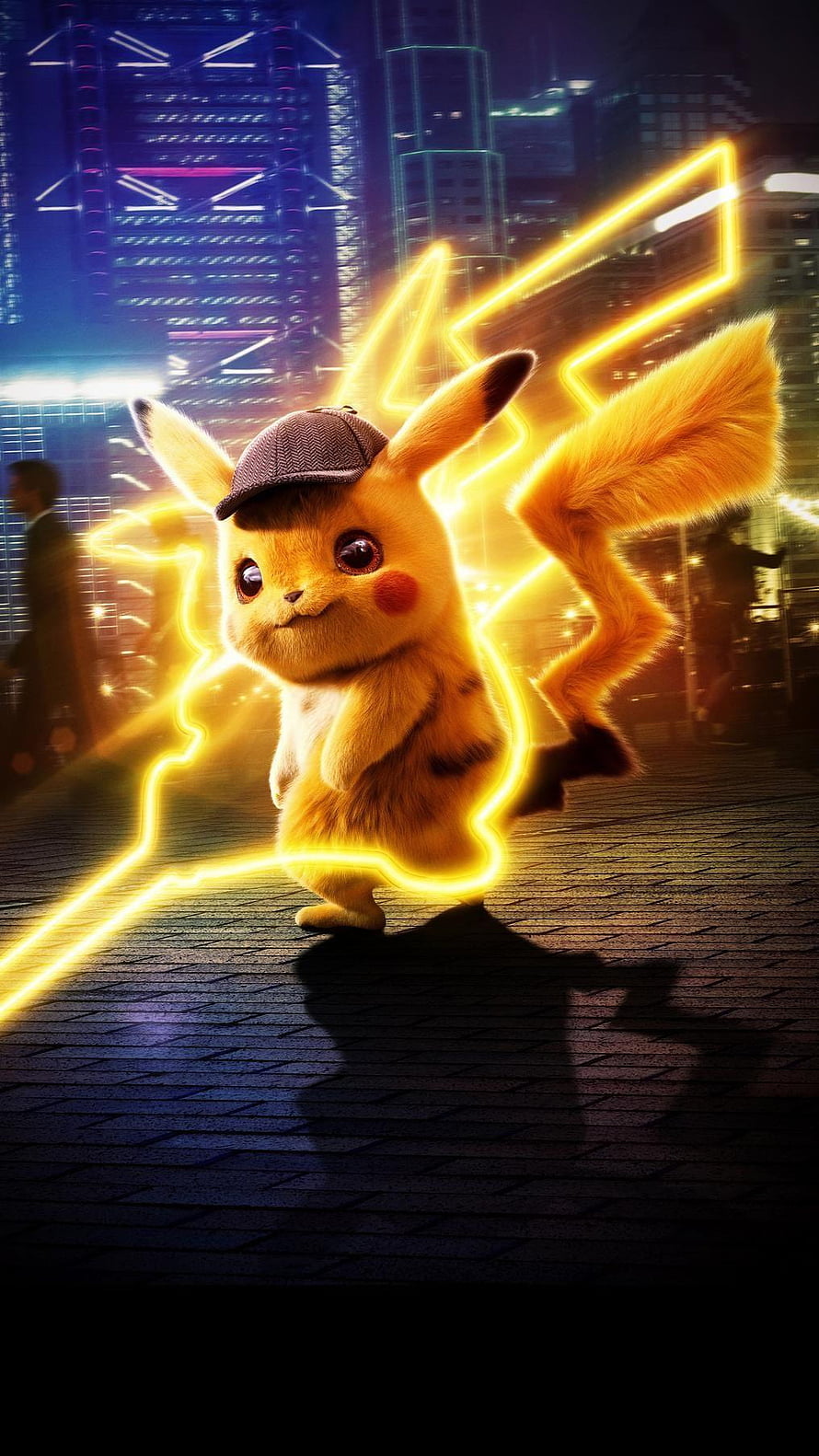 Detective Pikachu in a Neon-Lit Cyberpunk City with Electric Lightning Effects HD phone wallpaper