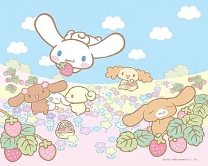 Cinnamoroll and Friends Picking Strawberries in a Colorful Flower Field HD wallpaper
