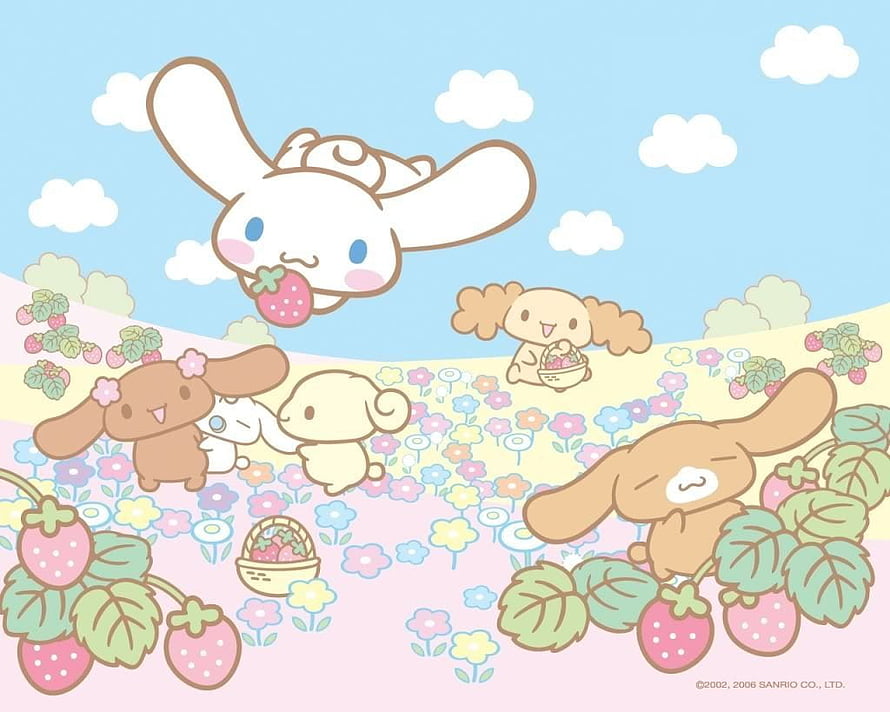 Cinnamoroll and Friends Picking Strawberries in a Colorful Flower Field HD wallpaper