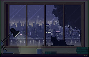 Cozy Pixel Art Window View of Rainy City at Night with Cat and Desk Lamp HD wallpaper