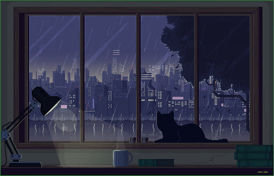 Cozy Pixel Art Window View of Rainy City at Night with Cat and Desk Lamp HD wallpaper