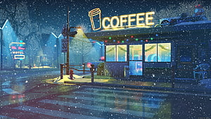 Cozy Winter Night Scene With Snowing Coffee Shop And Neon Signs HD wallpaper